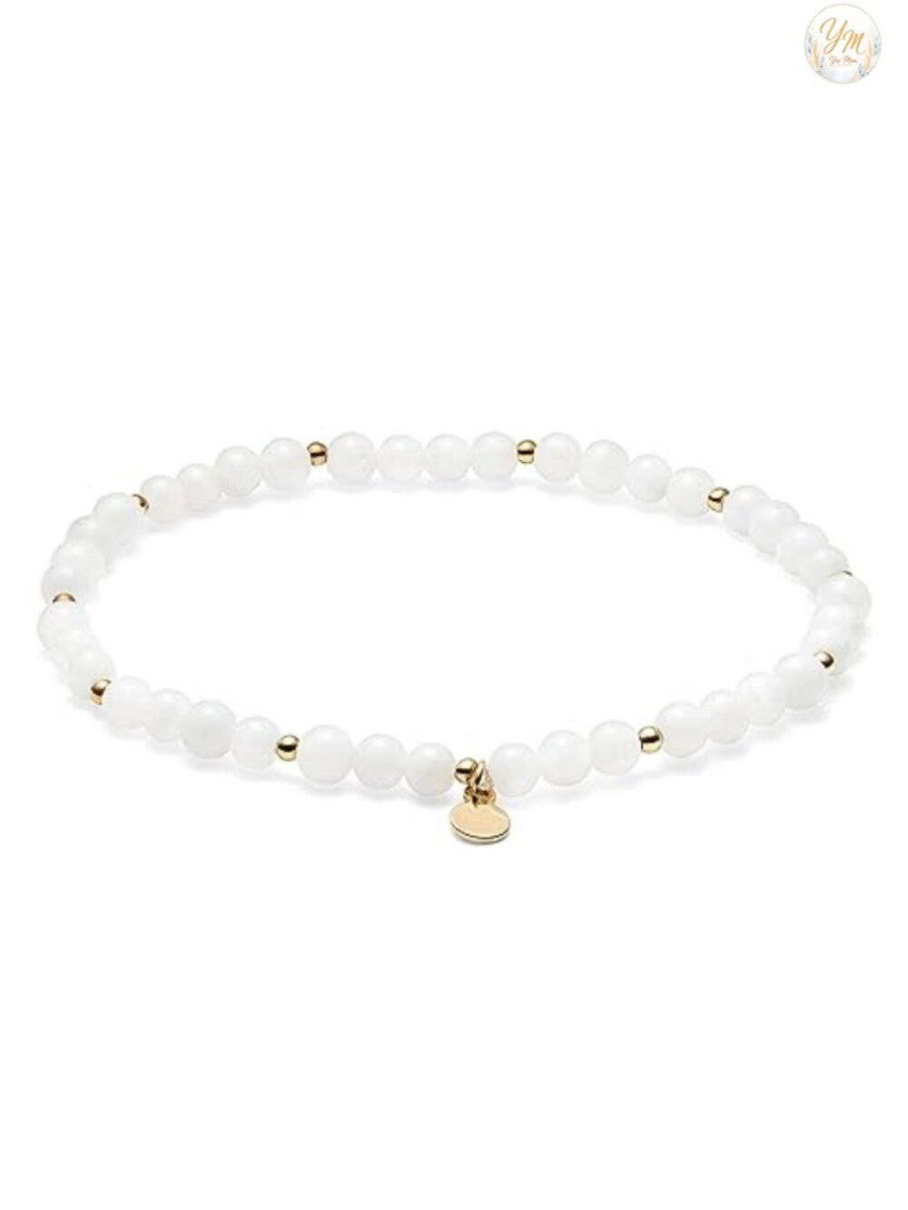 Genuine Moonstone Bead Stretch Bracelet 18k Yellow Gold Plated Bronze